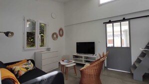 Una sala de estar moderna con un sofá, un televisor, una mesita y una silla de mimbre.