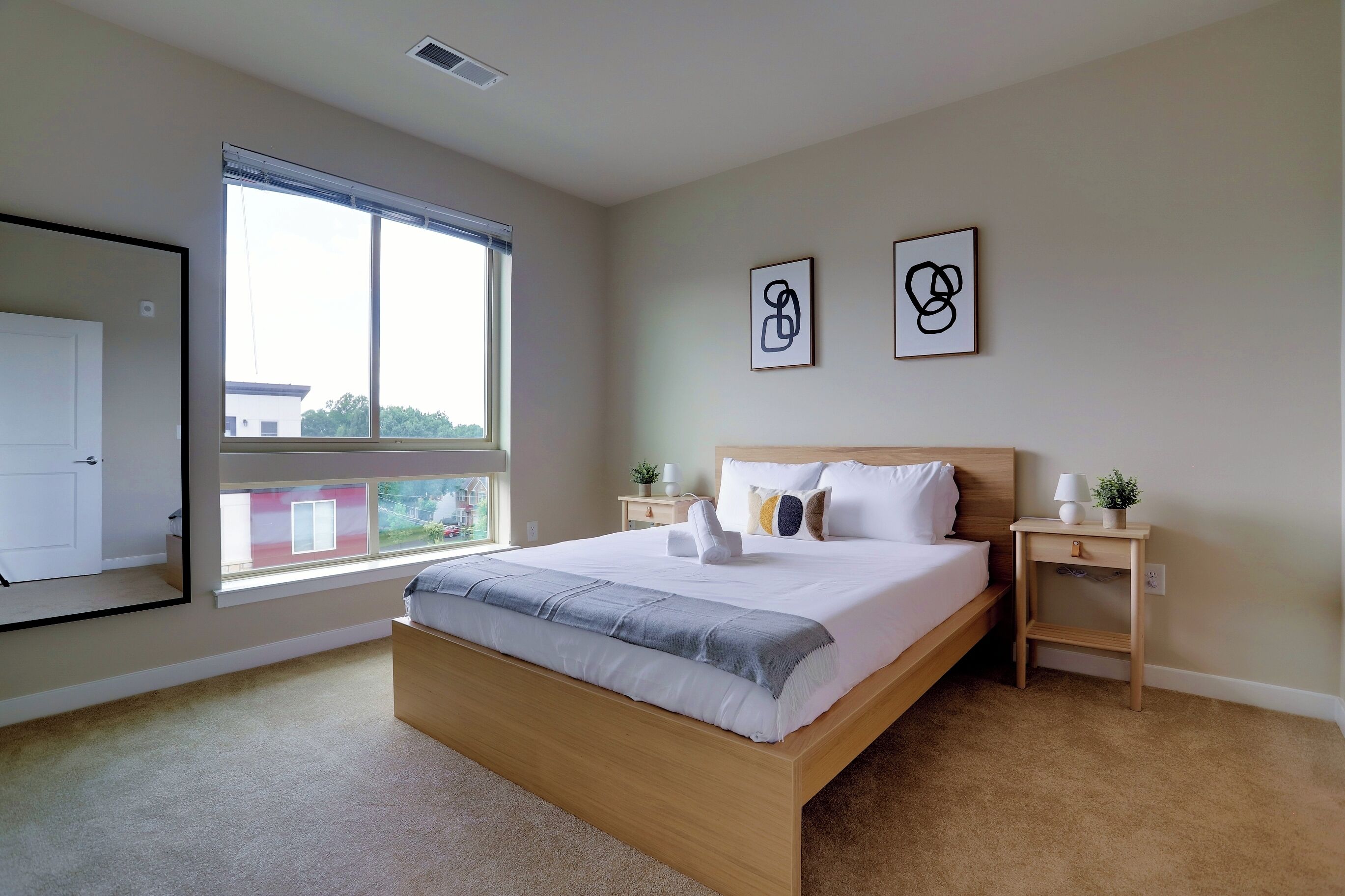 2 bedrooms, blackout curtains, soundproofing, iron/ironing board