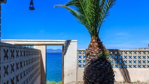 Une porte-fenêtre donnant sur un balcon avec vue sur la mer, un palmier et une clôture ornée de motifs.