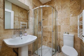 Hair dryer, towels, soap, toilet paper