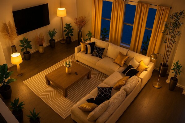 Smart TV, chimenea y oficina