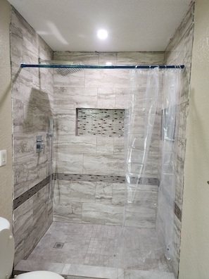 Shower, hair dryer, towels, toilet paper