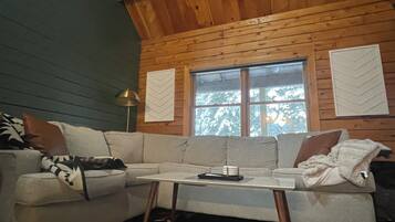 Een smart-tv, een open haard, boeken en een stereo