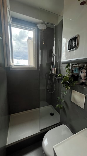 Dusche, Haartrockner, Handtücher, Seife