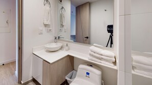 Bathroom features a sink, mirror, and toilet with towels on a shelf.