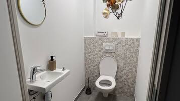 Chuveiro, secador de cabelo, toalhas de banho, sabonete