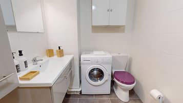 Douche, sèche-cheveux, serviettes fournies, shampoing