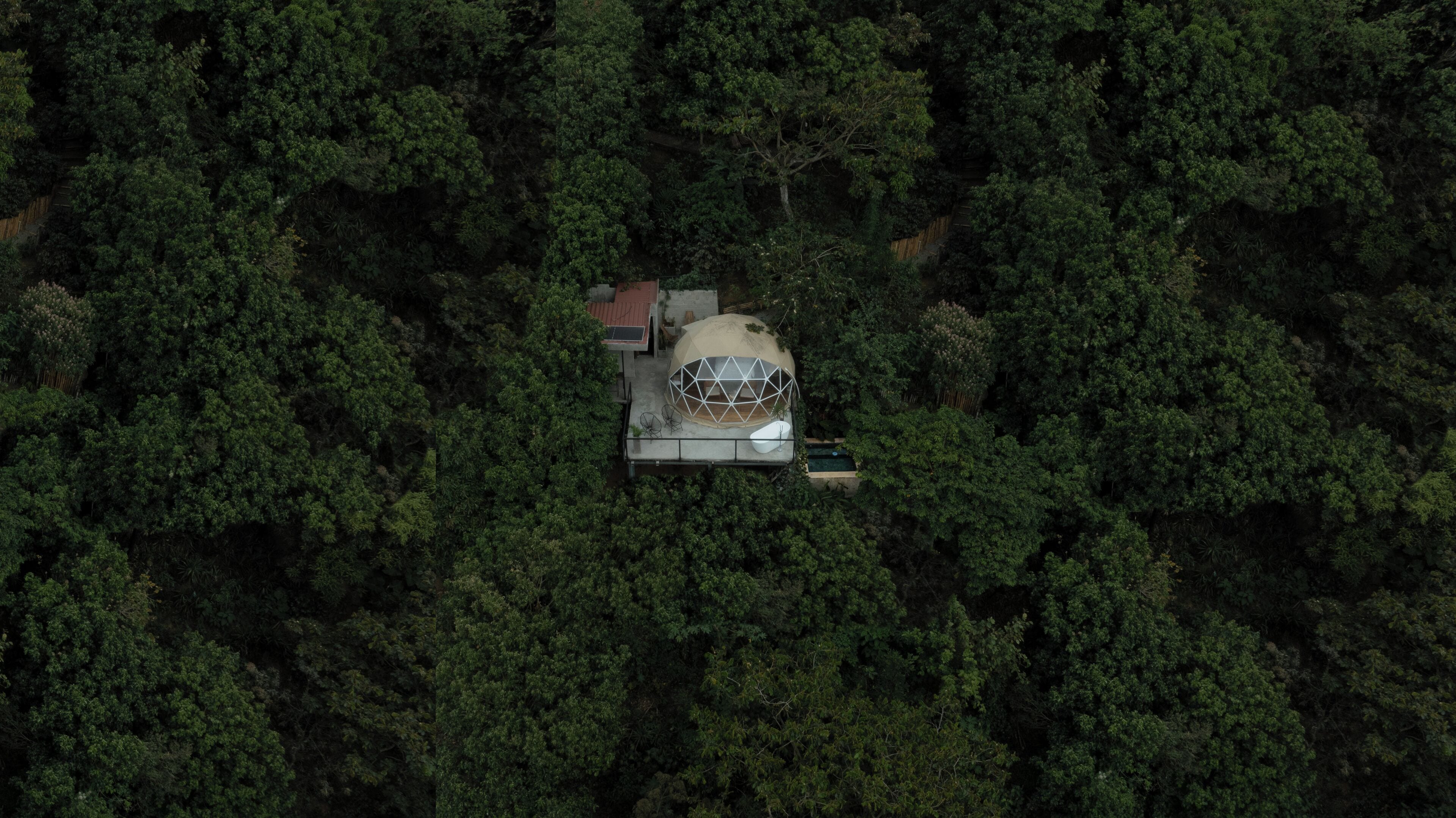 Vue aérienne d’une structure en forme de dôme, entourée d’une forêt dense.