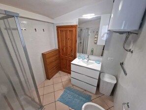 Shower, hair dryer, bidet, towels