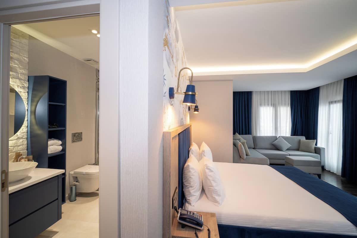 A modern hotel room with a large bed, a bedside table with a phone, a built-in wardrobe, and a bathroom with a sink and toilet.