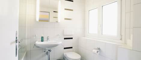 Hair dryer, towels, soap, toilet paper