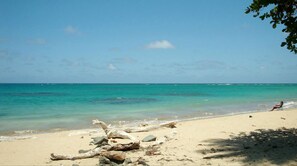 Tæt på stranden, liggestole, badehåndklæder