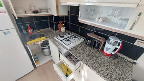 Großer Kühlschrank, Mikrowelle, Herdplatte