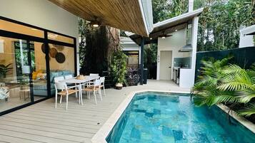 Casa familiar, 3 habitaciones, alberca privada, vista al jardín | Terraza o patio