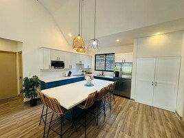 Family House, Private Pool, Beachside | Private kitchen | Full-size fridge, microwave, stovetop, cookware/dishes/utensils