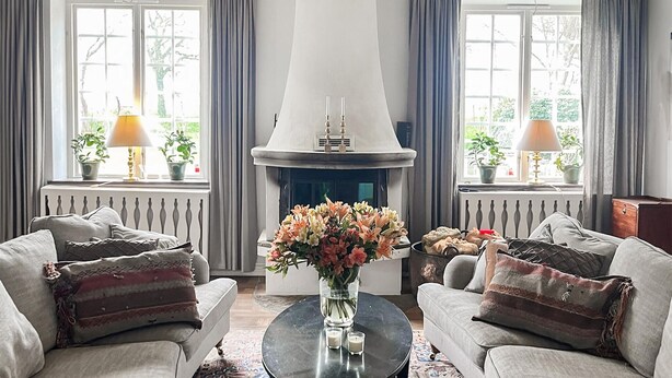 A living room with two sofas, a fireplace, and potted plants. - 4 bedroom beautiful home in Fleninge (Fleninge)