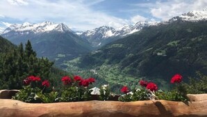 Un paisaje montañoso con picos nevados y un valle.