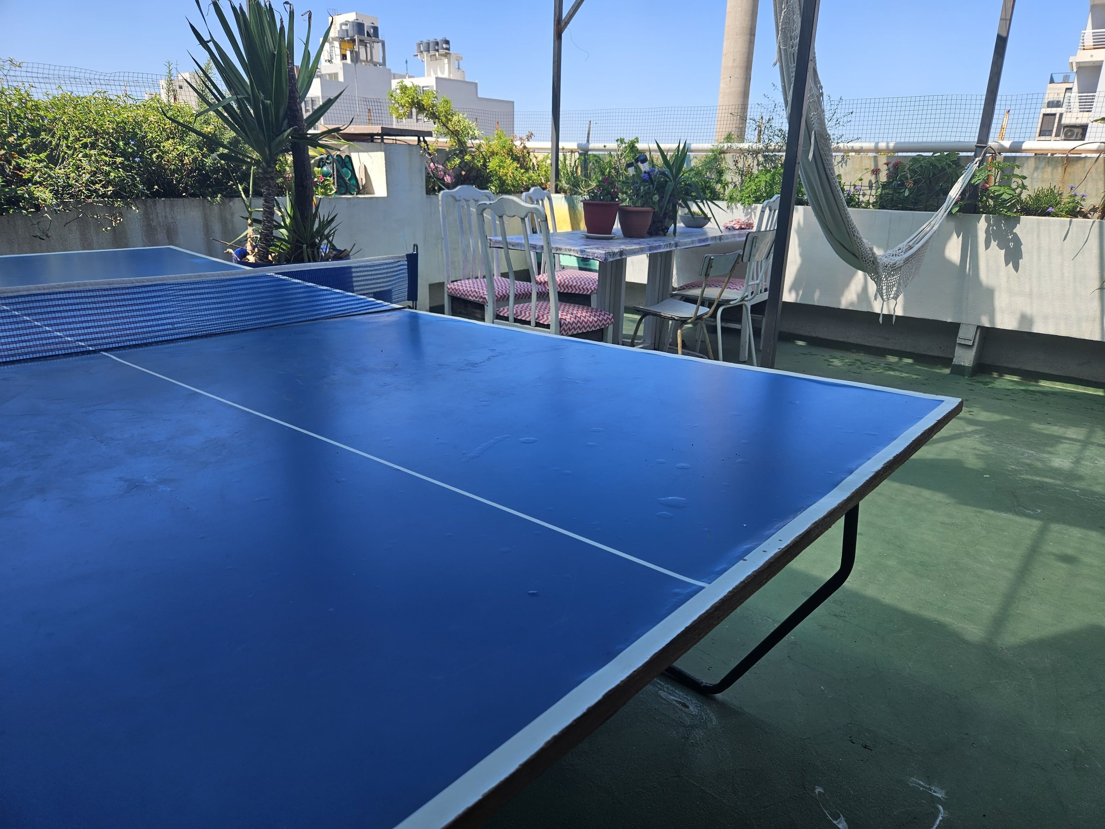 Una mesa de ping pong azul con red, rodeada de macetas y muebles de exterior.