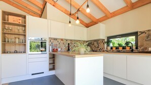 Uma cozinha moderna com armários brancos, forno embutido e uma ilha grande com uma planta.
