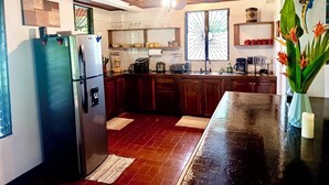A kitchen with wooden cabinets, a stainless steel refrigerator, a built-in oven, and a window with a view. - Pacific Ocean-Front Villa de Azul. stunning Sunrises & Sunsets, 3bd 2 full baths (Provincia de Puntarenas)