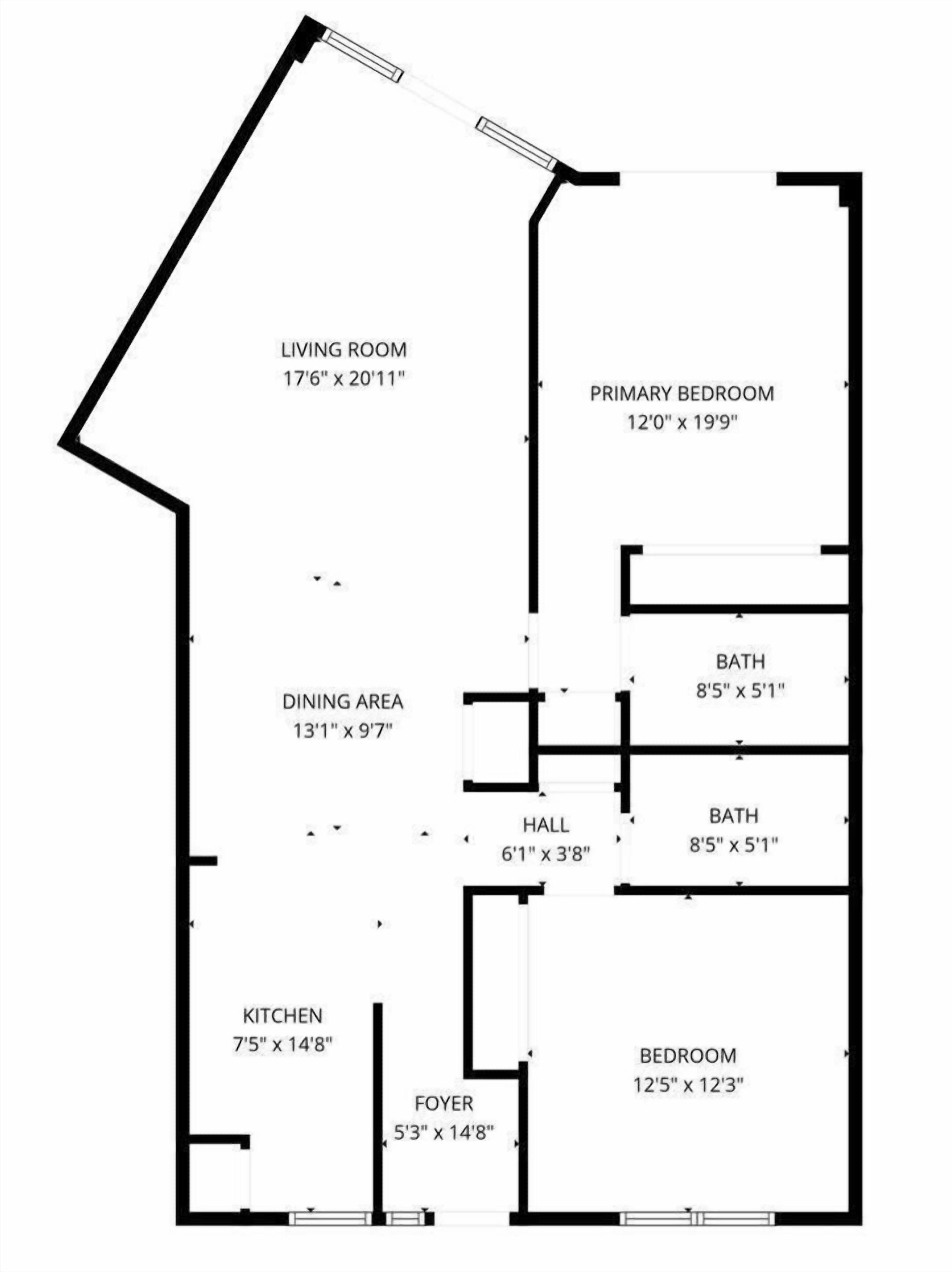 A floor plan with a living room (17'6" x 20'11"), a primary bedroom (12'0" x 19'9"), two bathrooms (8'5" x 5'1"), a dining area (13'1" x 9'7"), a kitchen (7'5" x 14'8"), a foyer (5'3" x 14'8"), and a hall (6'1" x 3'8").