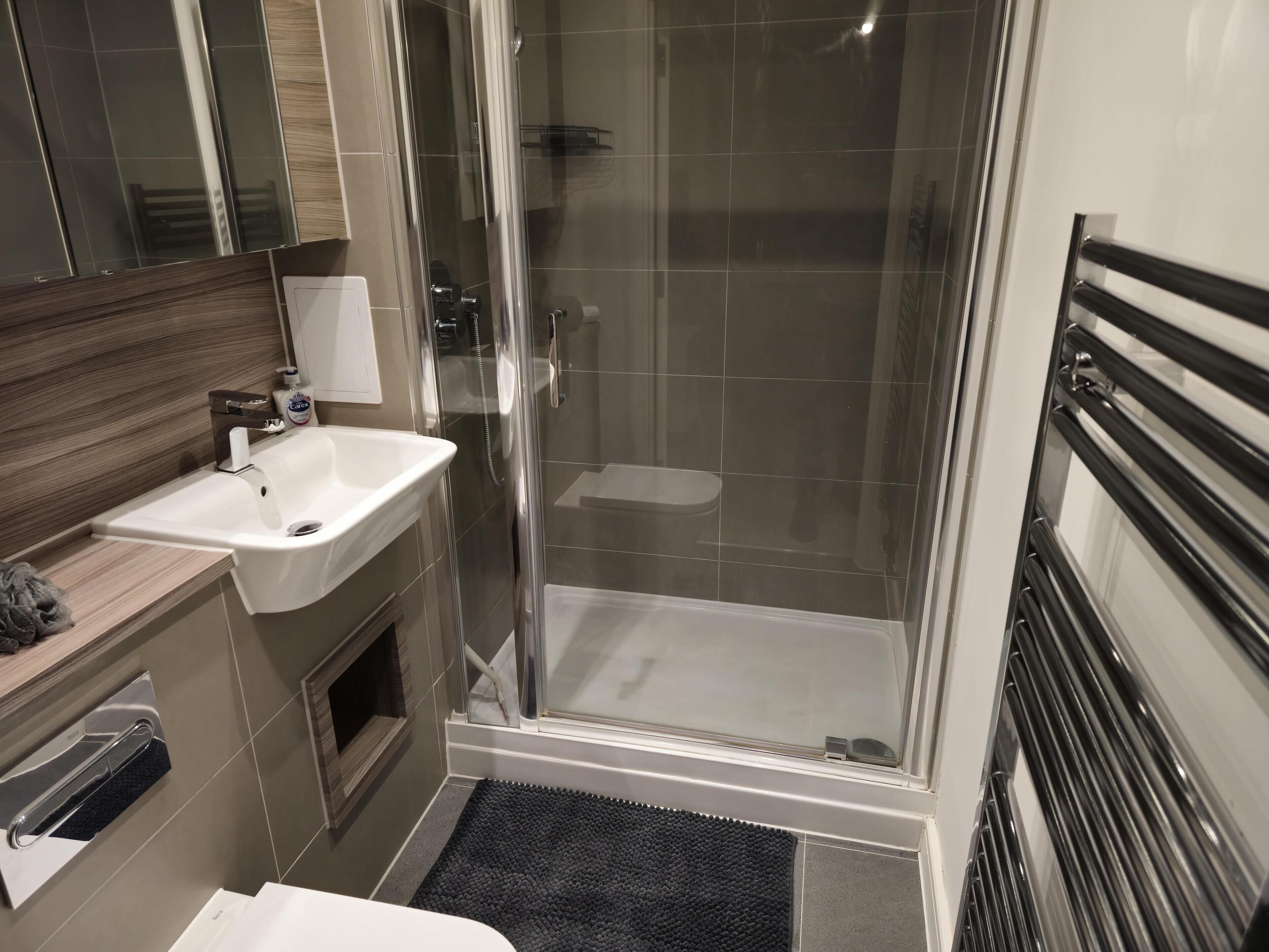 A modern bathroom with a glass-enclosed shower, a white sink, and a towel rack.