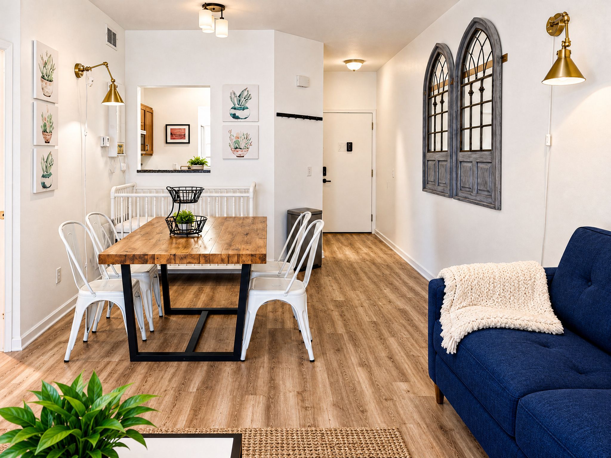 Un comedor con una mesa de madera y sillas blancas, un sofá azul y una ventana con contraventanas decorativas.