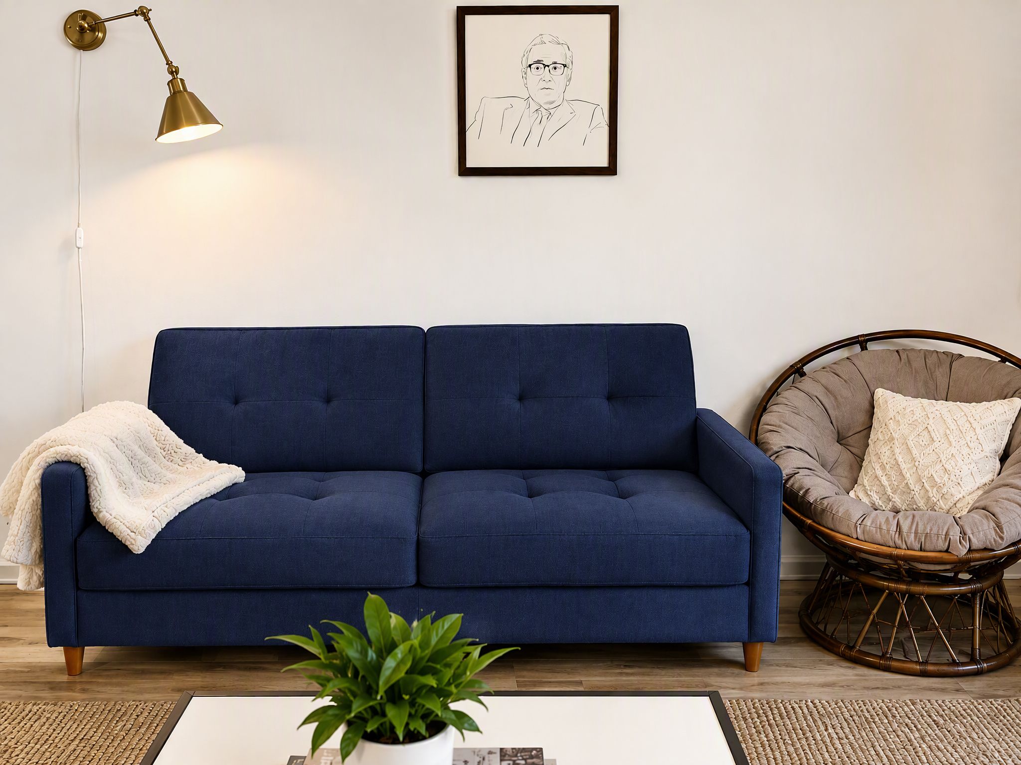 Un canapé bleu avec un plaid blanc, un fauteuil en osier avec un coussin, une lampe sur pied et un tableau encadré au mur.