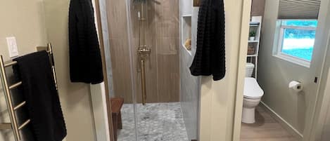Hair dryer, towels, soap, toilet paper