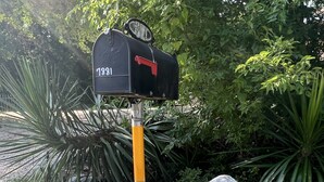 A mailbox with a red flag, a stone plaque with the address 7881 FM 349, and a solar panel. - Cozy farmhouse cabin near Kilgore and Longview (Longview)