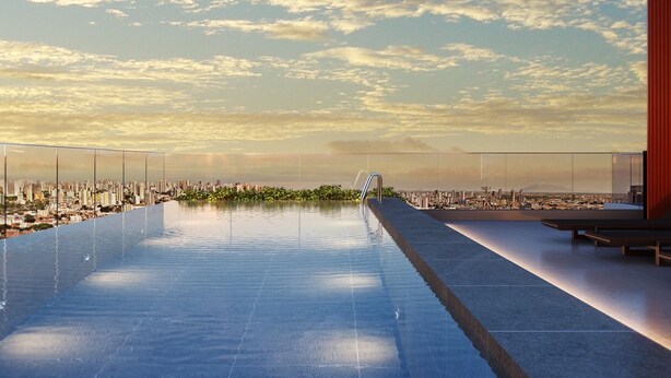 A rooftop pool with a cityscape view, a clear sky, and a sunset. - Apartamento/sp/perdizes/allianz/wi-fi 500mb/rooftop/piscina/vaga (Perdizes São Paulo)