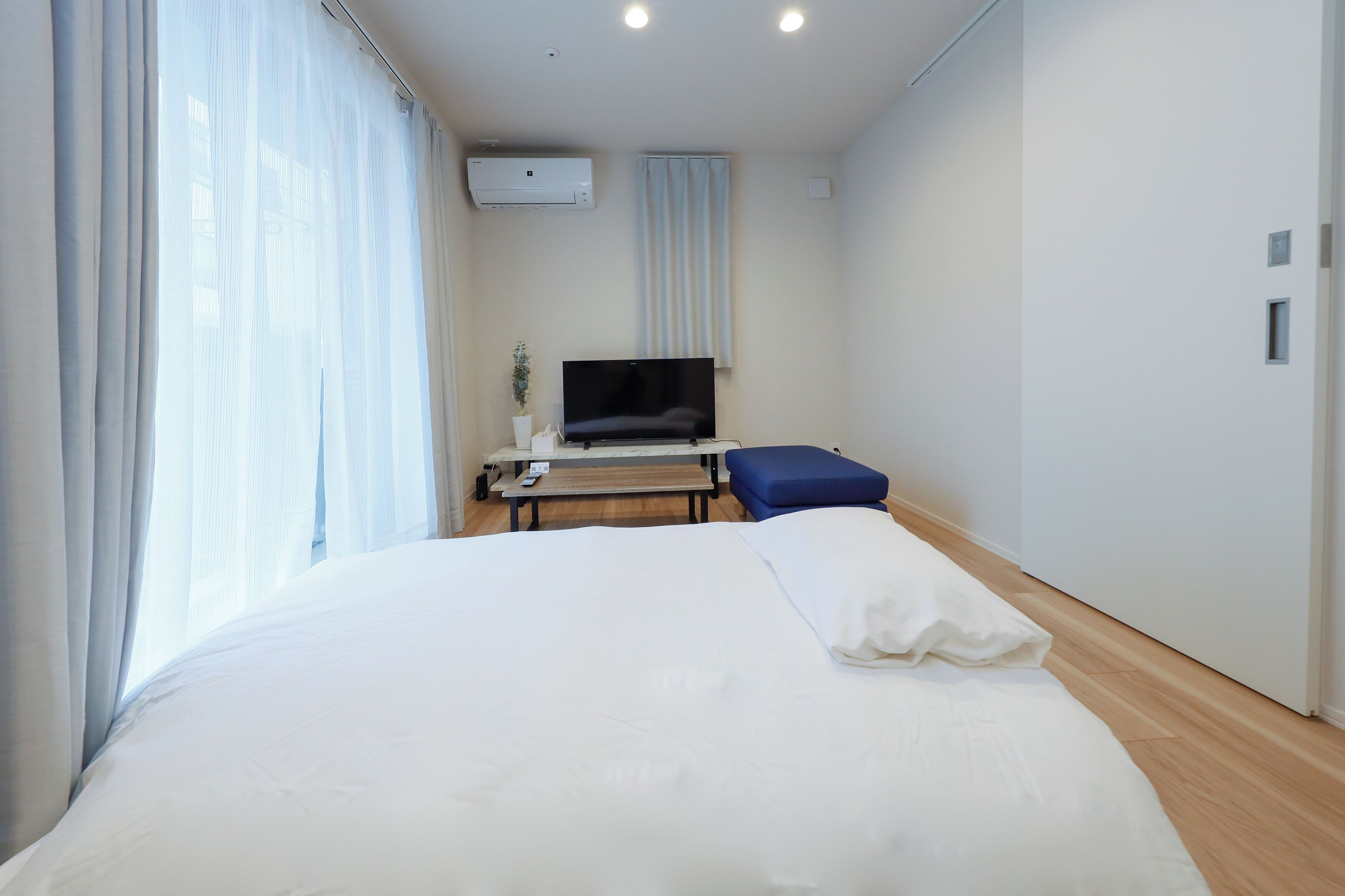 Habitación de hotel con cama, escritorio con televisor de pantalla plana, banco y planta en maceta.