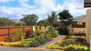 A landscaped garden with a variety of plants and a gravel path.