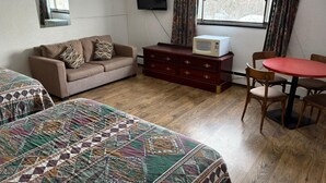 A room with a sofa, a TV, a microwave, a table with chairs, and a window with curtains.
