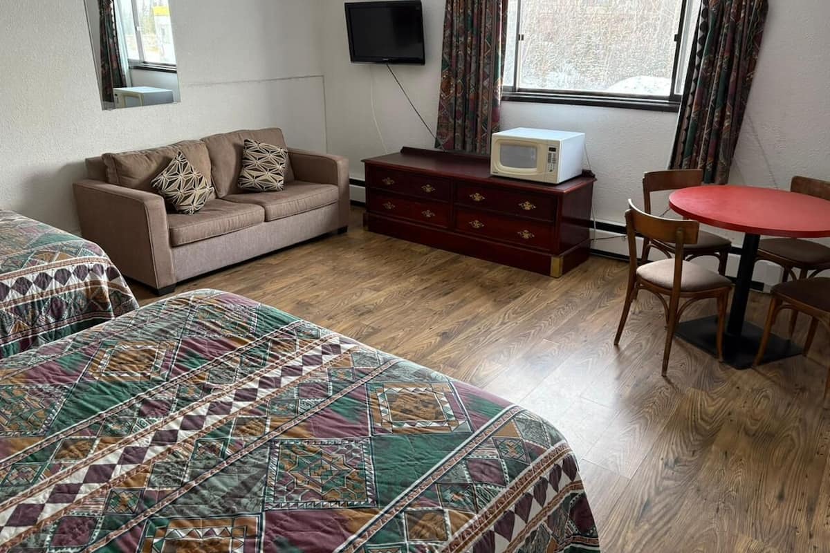 A room with a sofa, a TV, a microwave, a table with chairs, and a window with curtains.