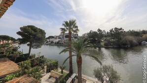 Vista de un río con palmeras y un edificio al fondo.