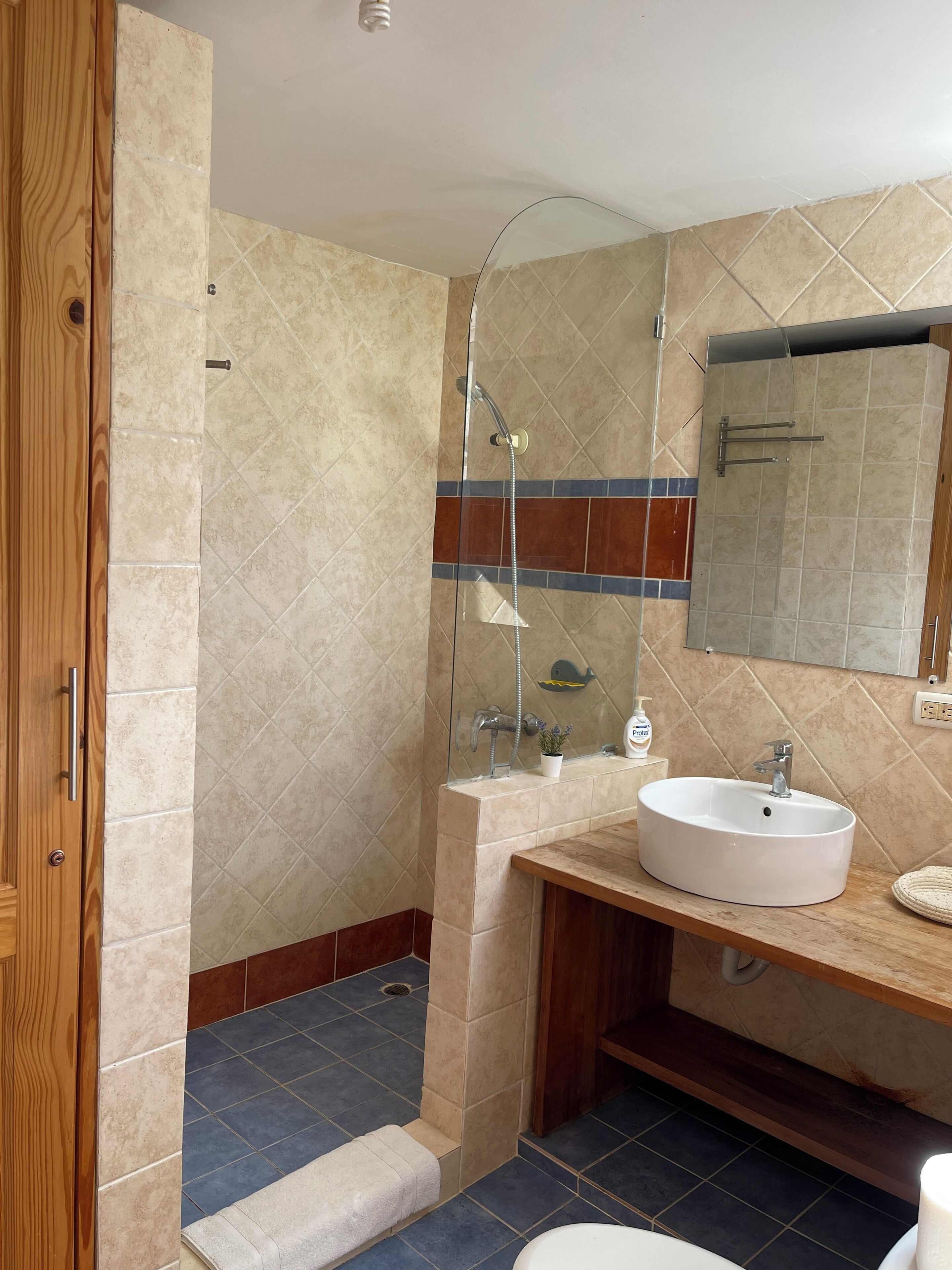Un baño con puerta de madera, cabina de ducha de vidrio, lavabo con espejo y toallero.