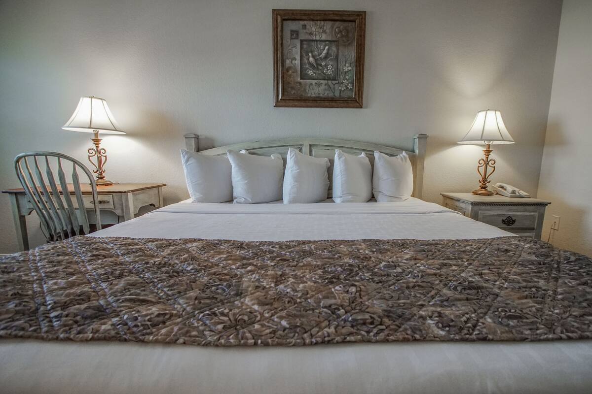 A hotel room with a large bed, two bedside tables with lamps, a chair, and a framed picture on the wall.