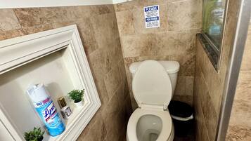 A bathroom with a toilet, a sink with a mirror, a shelf with plants, and a sign on the wall.