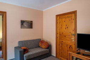 A room with a grey sofa, a wooden door, a television, and a painting on the wall.