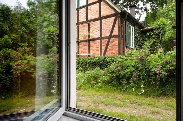 A view through a window of a traditional half-timbered house with a garden.