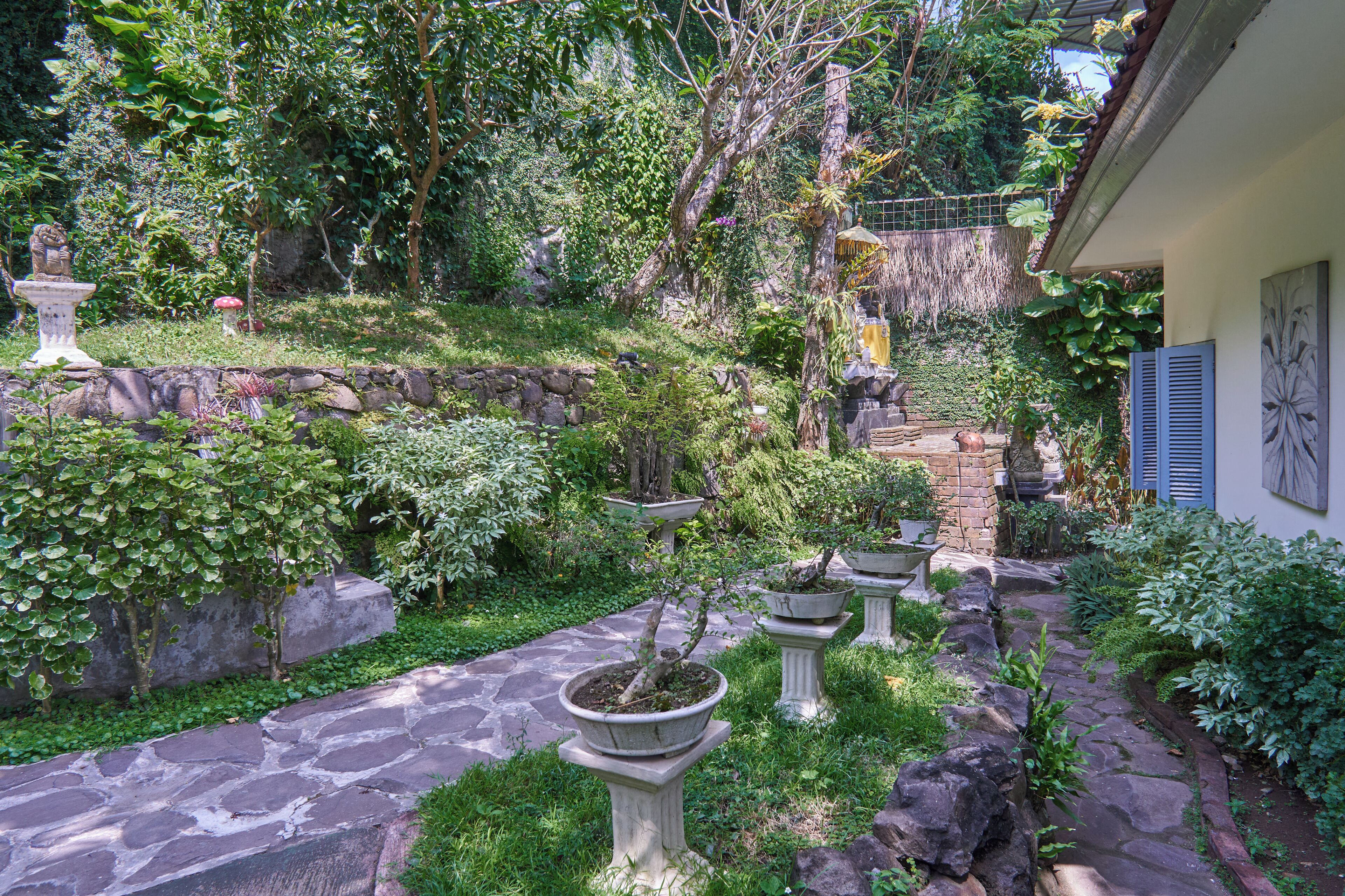 A garden with stone pathways, potted plants, and a rustic stone wall.