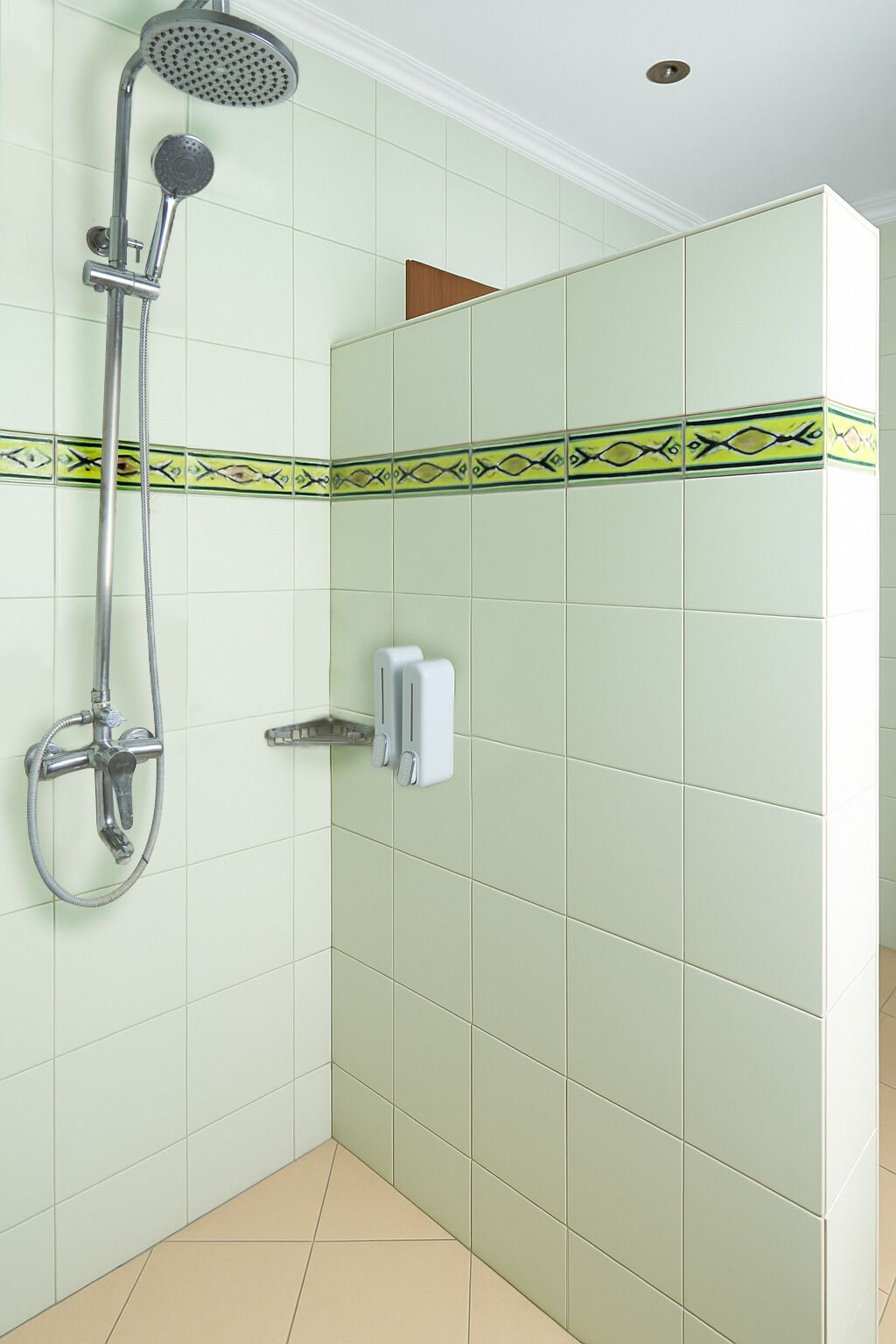 A shower with a handheld showerhead and a wall-mounted faucet, a soap dispenser, and a towel rack.