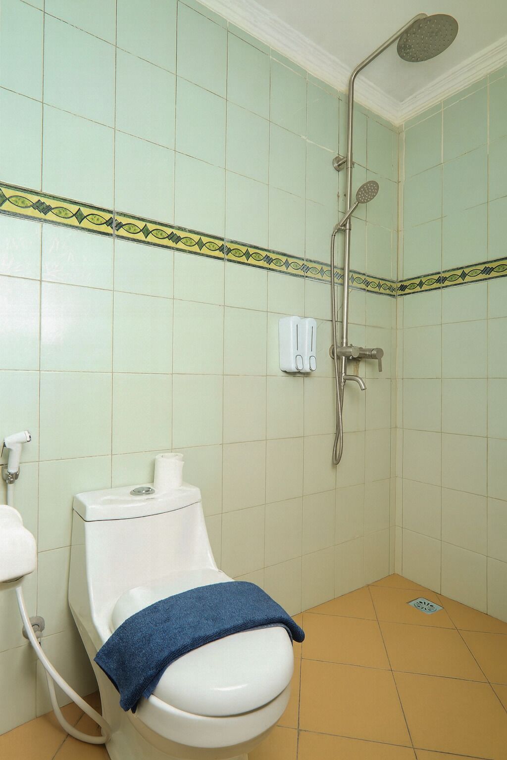 A bathroom with a toilet, a shower, and a tiled wall with a decorative border.