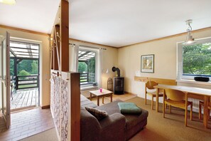 Télévision, cheminée, table de tennis de table, chaîne hi-fi