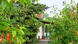 Un sendero conduce a un edificio con vestíbulo cubierto, rodeado de follaje y árboles densos.