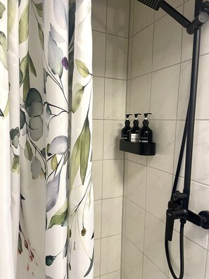 Chuveiro, secador de cabelo, toalhas de banho 