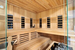 A sauna with wooden slats, benches, and ventilation windows. - Holiday Apartment 'Ferienhof Jacobsen 1' with Shared Terrace, Garden and Wi-Fi (Nordstrand)