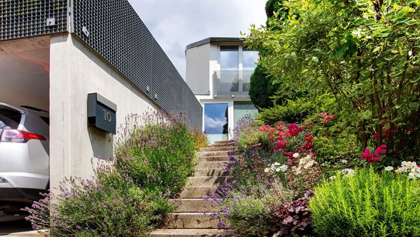 Un immeuble résidentiel avec un escalier menant à une porte, entouré de diverses plantes et fleurs.