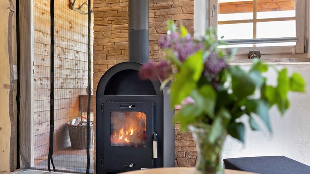 A room with a wood-burning stove, a window with a view, and a door with a pet door. - Holiday Home 'Blockhütte' with Private Terrace and Private Garden (Fürstenwalde/Spree)